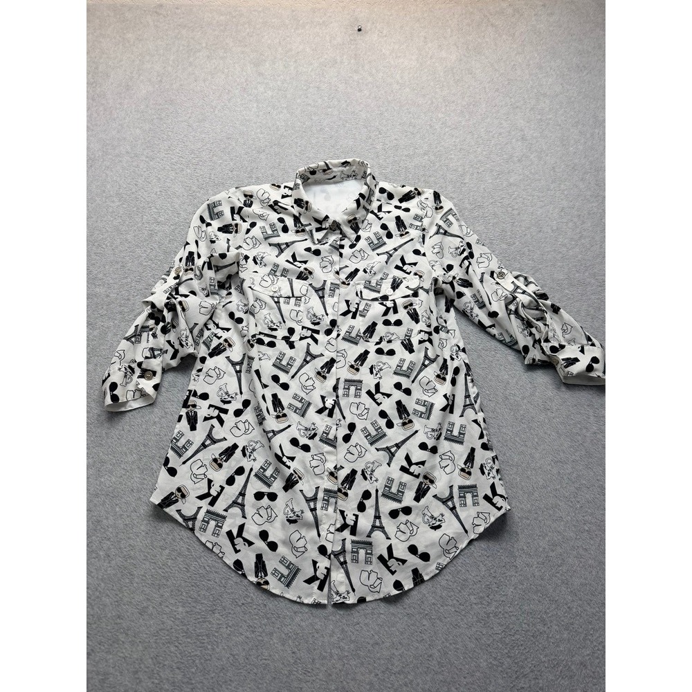 Karl Lagerfeld Paris Womens Eiffel Tower Print Roll Tab Button Down Shirt White